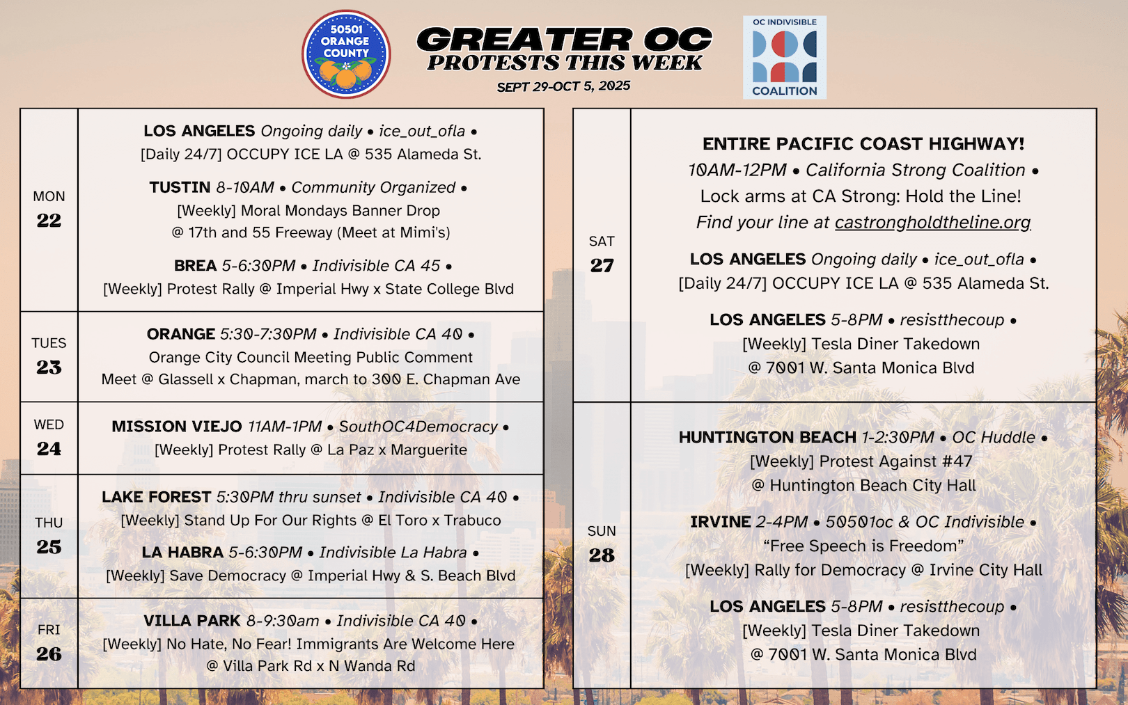 Sept 29–Oct 5, 2025: Orange County Protests & Rallies – Weekly Schedule