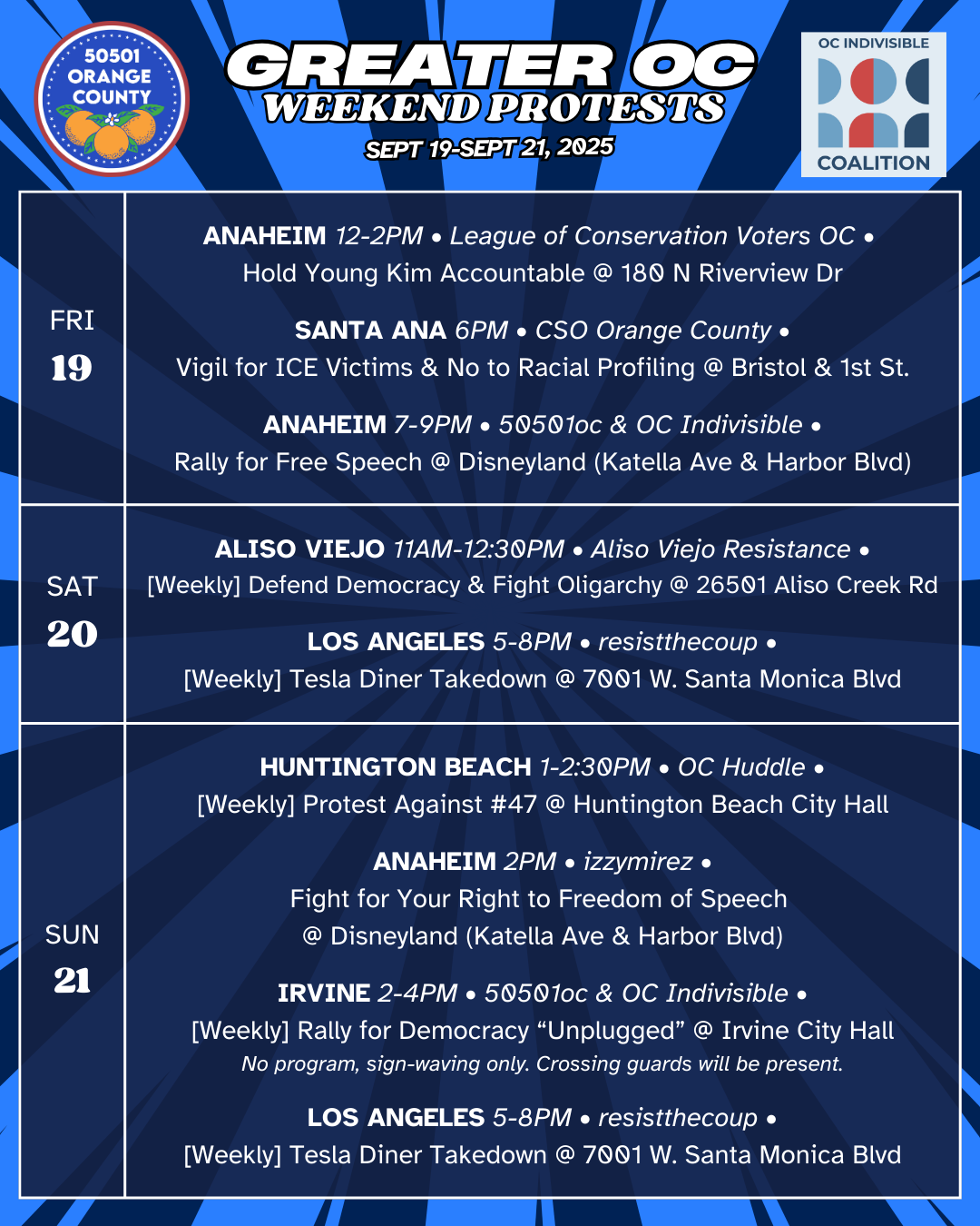 Sept 19–21, 2025: Orange County Protests & Rallies – Weekend Schedule