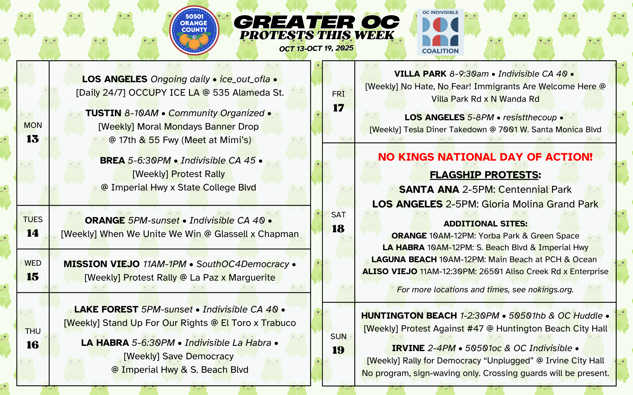Oct 13–Oct 19, 2025: Orange County Protests & Rallies – Weekly Schedule
