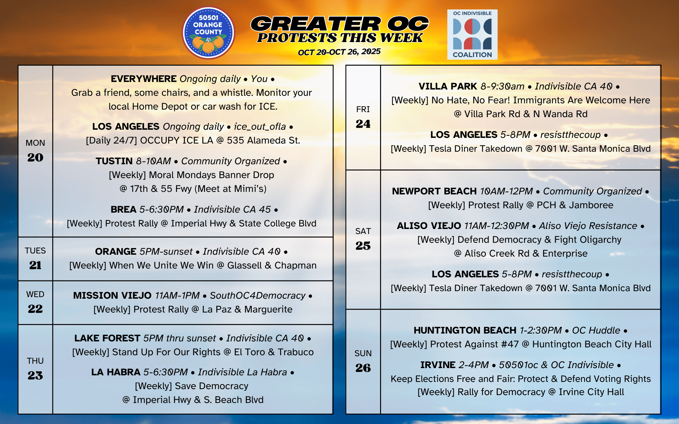 Oct 20–Oct 26, 2025: Orange County Protests & Rallies – Weekly Schedule