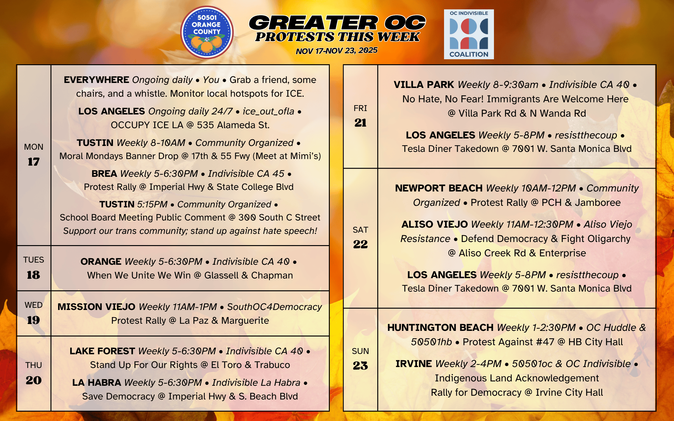 Nov 17–Nov 23, 2025: Orange County Protests & Rallies – Weekly Schedule