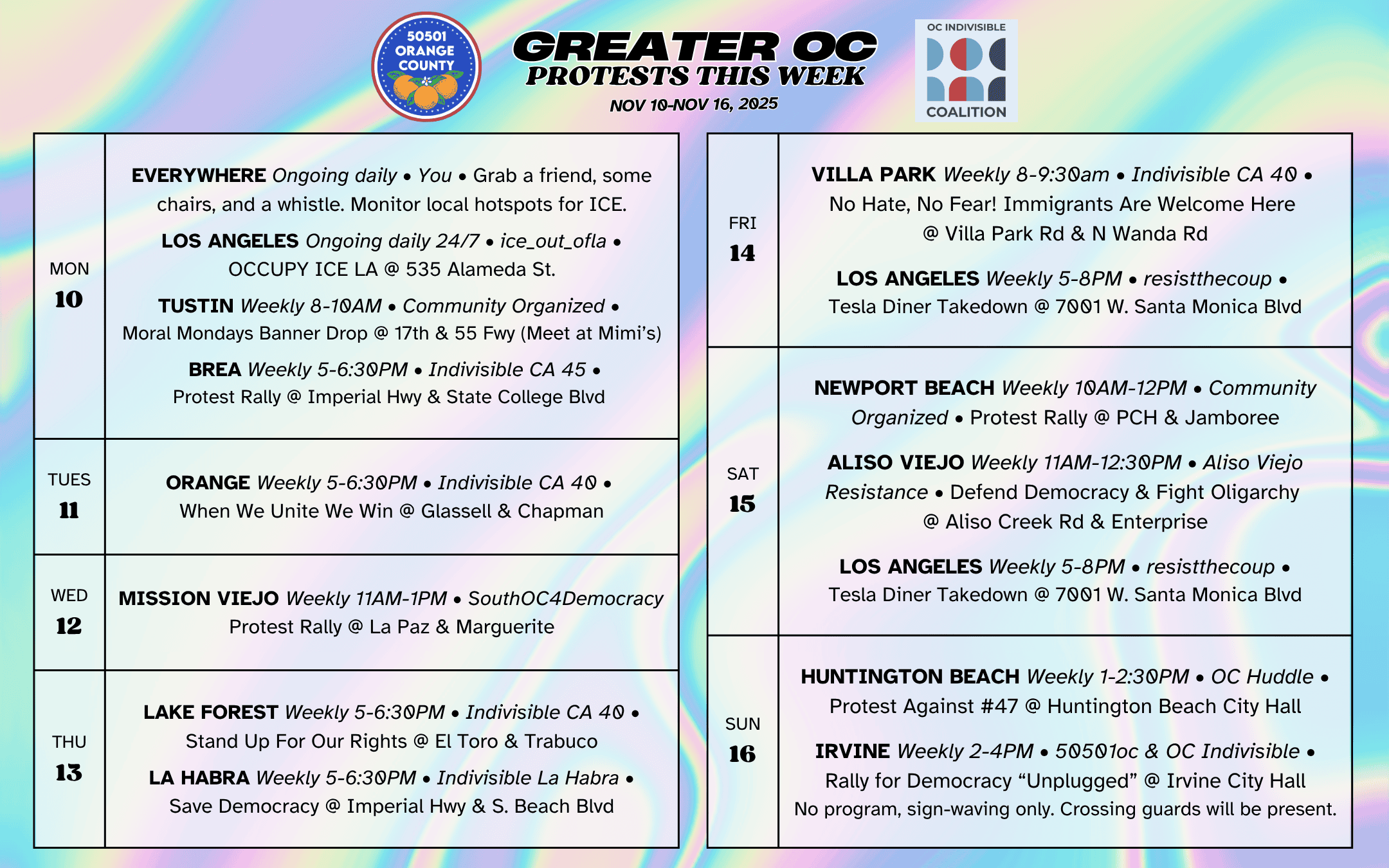 Nov 10–Nov 16, 2025: Orange County Protests & Rallies – Weekly Schedule