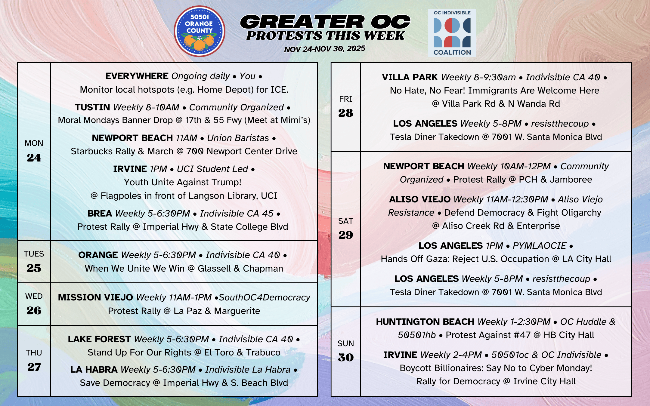 Nov 24–Nov 30, 2025: Orange County Protests & Rallies – Weekly Schedule