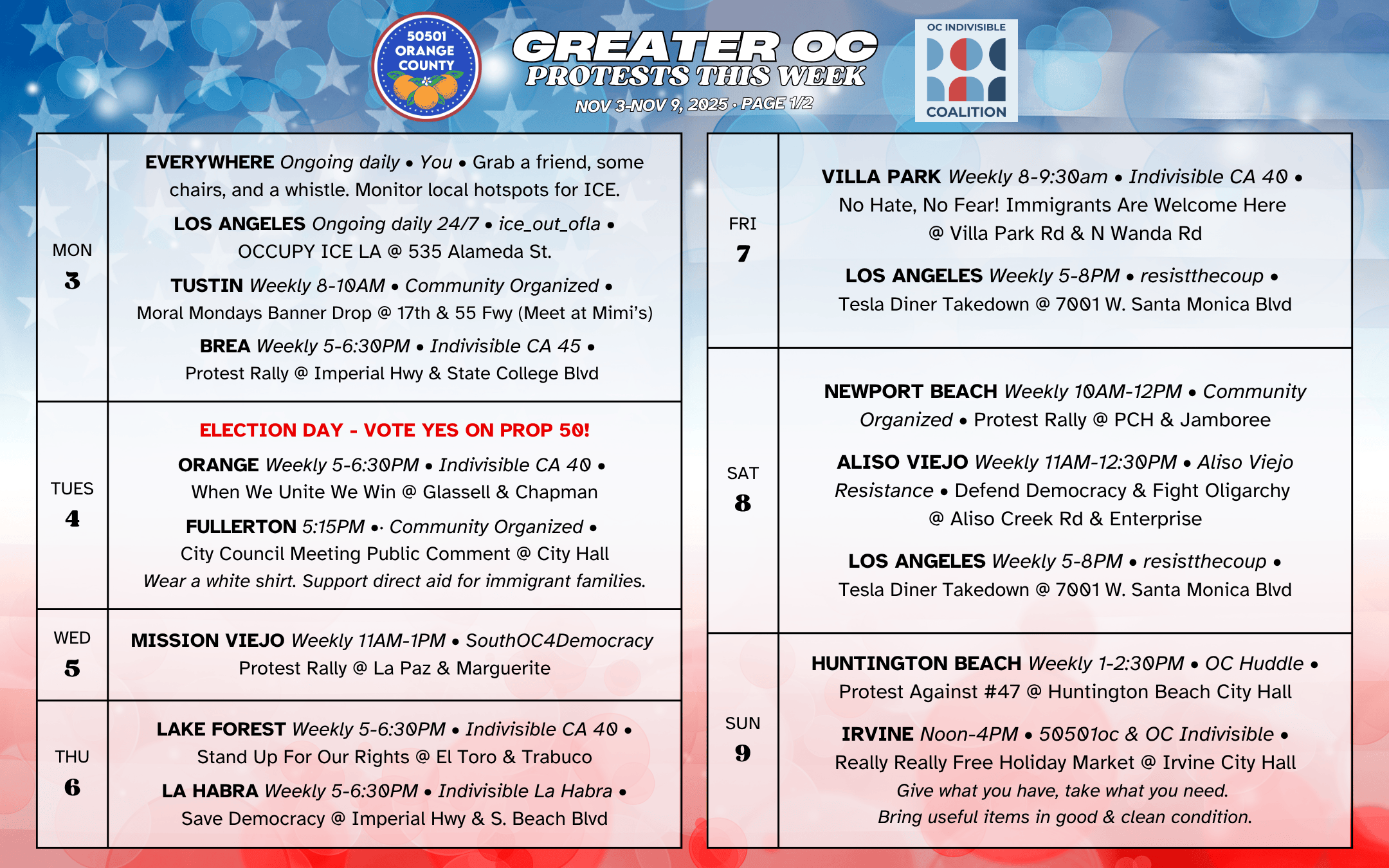 Nov 3–Nov 9, 2025: Orange County Protests & Rallies – Weekly Schedule