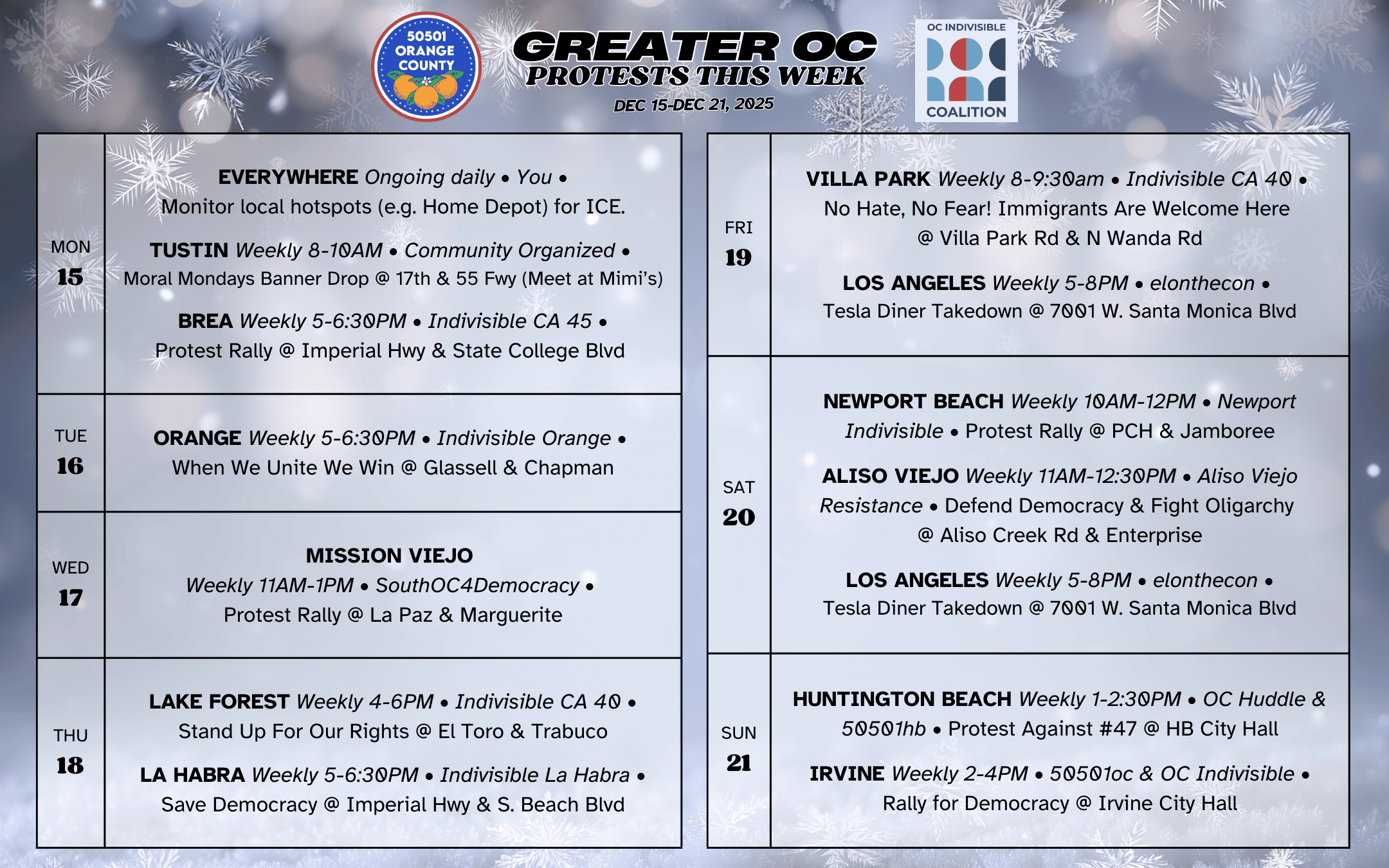 Greater OC Protests This Week (Dec 15-Dec 21, 2025)